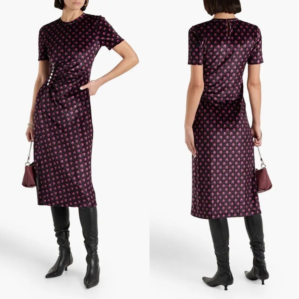 Derek Lam 10 Crosby‎ Printed Velvet Midi Dress 12 Black Ruched Waist Cocktail